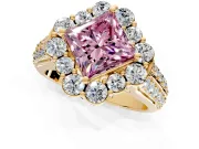 Large Accent Halo Engagement Ring Setting for Fancy Pink Princess Cut Center with Pave Split Shank and Prong Head in Yellow Gold