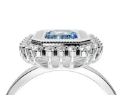 Halo Engagement Ring Setting for Fancy Blue Emerald Cut Center with Milgrain Bezel Rim, Plain Band and Prong Head in White Gold