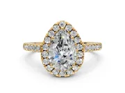 Halo Engagement Ring Setting for Pear-Shaped Center with Narrowing Pave Band and Prong Head in Yellow Gold