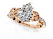 Leaf Motif Engagement Ring Setting for Pear-Shaped Center with Pave Band and Prong Head in Rose Gold