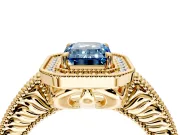 Milgrain Halo Engagement Ring Setting for Fancy Blue Emerald Cut Center with Pave Band and Prong Head in Yellow Gold