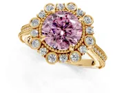 Milgrain Halo Engagement Ring Setting for Fancy Pink Round Cut Center with Bezel Point Accents and Prong Head in Yellow Gold