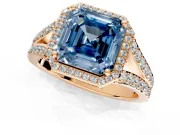 Halo Engagement Ring Setting for Fancy Blue Asscher Cut Center with Narrow Pave Split Shank and Prong Head in Rose Gold