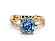 Solitaire Engagement Ring Setting for Fancy Blue Cushion Cut Center with Pave and Plain Crossover Band and Prong Head in Yellow Gold