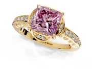 Floral Engagement Ring Setting for Fancy Pink Princess Cut Center with Four Accent Clusters and Prong Head in Yellow Gold