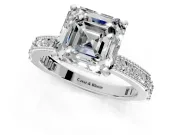 Solitaire Engagement Ring Setting for Asscher Cut Center with Milgrain-Edged Pave Band and Prong Head in Platinum