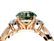 3 Stone Engagement Ring Setting for Fancy Green Round Cut Center with Pave Split Shank and Prong Head in Rose Gold