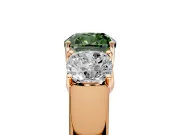3 Stone Engagement Ring Setting for Fancy Green Cushion Cut Center with Raised Basket Heads and Prong Head in Rose Gold