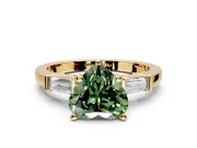 3 Stone Engagement Ring Setting for Fancy Green Heart-Shaped Center with Channel Baguette Accents and Prong Head in Yellow Gold