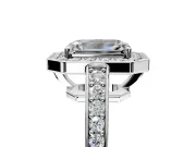 Bezel-Framed Halo Engagement Ring Setting for Emerald Cut Center with Pave Band and Prong Head in Sterling Silver