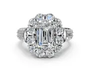 Large Accent Halo Engagement Ring Setting for Emerald Cut Center with Pave Split Shank and Prong Head in Platinum
