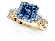3 Stone Engagement Ring Setting for Fancy Blue Asscher Cut Center with Pave Split Shank and Prong Head in Yellow Gold