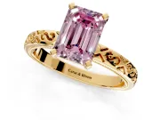 Solitaire Engagement Ring Setting for Fancy Pink Emerald Cut Center with Scrollwork Band and Prong Head in Yellow Gold