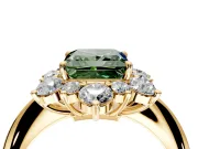 Small-Accent Cluster Halo Engagement Ring Setting for Fancy Green Princess Cut Center with Plain Band and Prong Head in Yellow Gold