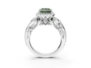 Milgrain Halo Engagement Ring Setting for Fancy Green Princess Cut Center with Shoulder Bezels and Prong Head in Sterling Silver