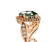 Halo Engagement Ring Setting for Fancy Green Heart-Shaped Center with Leaf Motif Split Shank and Prong Head in Rose Gold