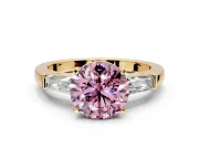 3 Stone Engagement Ring Setting for Fancy Pink Round Cut Center with Tapered Baguettes, Plain Band and Prong Head in Yellow Gold