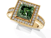 Milgrain Halo Engagement Ring Setting for Fancy Green Princess Cut Center with Pave Band and Prong Head in Yellow Gold