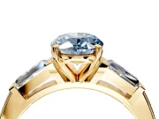 3 Stone Engagement Ring Setting for Fancy Blue Oval Center with Tapered Baguettes, Plain Band and Prong Head in Yellow Gold