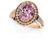 Halo Engagement Ring Setting for Fancy Pink Oval Center with Outer Bezel Rim, Pave Band and Prong Head in Rose Gold
