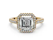 Halo Engagement Ring Setting for Asscher Cut Center with Narrowing Pave Band and Prong Head in Yellow Gold