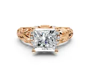 Solitaire Engagement Ring Setting for Princess Cut Center with Filigree Accent Basket and Prong Head in Rose Gold