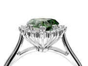 Starburst Halo Engagement Ring Setting for Fancy Green Heart-Shaped Center with Thin Round-Wire Band and Prong Head in Sterling Silver