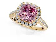 Halo Engagement Ring Setting for Fancy Pink Cushion Cut Center with Raised Halo, Pave Band and Prong Head in Yellow Gold