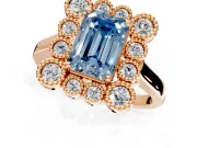 Cluster Halo Engagement Ring Setting for Fancy Blue Emerald Cut Center with Milgrain Bezel Accents and Prong Head in Rose Gold