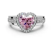 Halo Engagement Ring Setting for Fancy Pink Heart-Shaped Center with Wide Band, Inlaid Accent Row and Prong Head in Sterling Silver