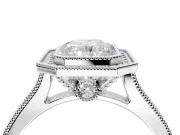 Halo Engagement Ring Setting for Radiant Cut Center with Milgrain Pave Band and Bezel Head in White Gold