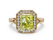 Halo Engagement Ring Setting for Fancy Yellow Radiant Cut Center with Milgrain Rim, Pave Band and Prong Head in Yellow Gold