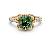 Floral Engagement Ring Setting for Fancy Green Cushion Cut Center with Pave Band and Floral Prong Head in Yellow Gold