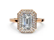Halo Engagement Ring Setting for Emerald Cut Center with Plain Tapered Band and Prong Head in Rose Gold