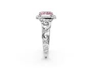 Halo Engagement Ring Setting for Fancy Pink Radiant Cut Center with Open Scroll Shoulders and Prong Head in Sterling Silver