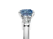 3 Stone Engagement Ring Setting for Fancy Blue Cushion Cut Center with Wide Plain Band and Prong Head in Platinum