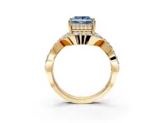 Halo Engagement Ring Setting for Fancy Blue Princess Cut Center with Pave Infinity Twist Band and Prong Head in Yellow Gold