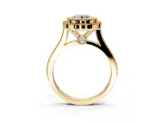 Halo Engagement Ring Setting for Round Cut Center with Milgrain Frame, Pave Band and Prong Head in Yellow Gold