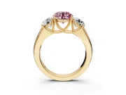 3 Stone Engagement Ring Setting for Fancy Pink Round Cut Center with Raised Basket Heads and Prong Head in Yellow Gold