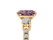 3 Stone Engagement Ring Setting for Fancy Pink Emerald Cut Center with Round Cut Side Accents and Prong Head in Yellow Gold