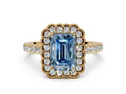 Milgrain Floral Halo Engagement Ring Setting for Fancy Blue Emerald Cut Center with Pave Band and Prong Head in Yellow Gold
