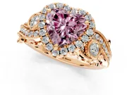 Milgrain Halo Engagement Ring Setting for Fancy Pink Heart-Shaped Center with Shoulder Bezels and Prong Head in Rose Gold