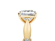 Solitaire Engagement Ring Setting for Princess Cut Center with Carved Leaf Shoulders and Prong Head in Yellow Gold