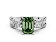 3 Stone Engagement Ring Setting for Fancy Green Emerald Cut Center with Pave Twist Band and Prong Head in Platinum