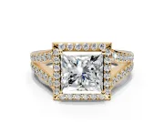 Halo Engagement Ring Setting for Princess Cut Center with Narrow Pave Split Shank and Prong Head in Yellow Gold