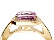 Bezel-Framed Halo Engagement Ring Setting for Fancy Pink Asscher Cut Center with Pave Band and Prong Head in Yellow Gold