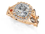 Halo Engagement Ring Setting for Cushion Cut Center with Leaf Motif Split Shank and Prong Head in Rose Gold