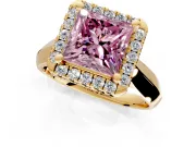 Halo Engagement Ring Setting for Fancy Pink Princess Cut Center with Square Band and Prong Head in Yellow Gold
