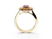 Cluster Halo Engagement Ring Setting for Fancy Pink Emerald Cut Center with Milgrain Bezel Accents and Prong Head in Yellow Gold