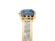 Solitaire Engagement Ring Setting for Fancy Blue Cushion Cut Center with Princess Cut Channel Band and Prong Head in Yellow Gold